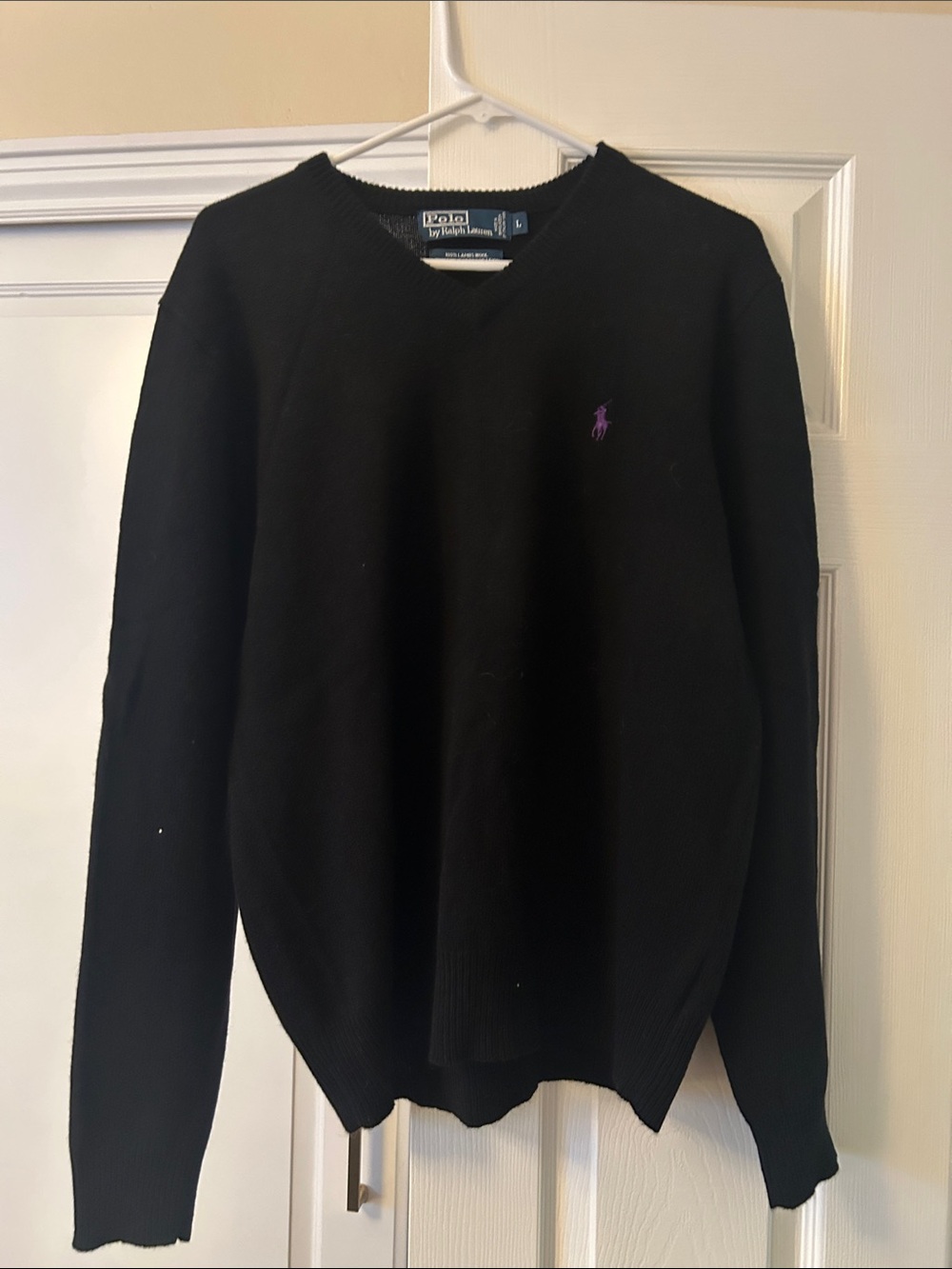 Polo by Ralph Lauren Black V-Neck Sweater with Purple Pony Logo